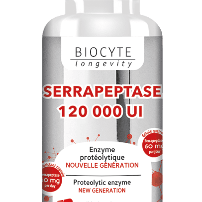 Serrapeptase (120,000 IU) : Purpose : To support the body in the fight against pain and post-traumatic swelling, and also strengthens the immune system against severe infections. Effects : Natural antibiotic with a strong antioxidant effect. As a proteolytic enzyme with anti-inflammatory properties, it supports the treatment of various health problems, including cysts, pain, arthritis, fibromyalgia , rheumatism, sports injuries, inflammation, acne, sinusitis , rhinitis, tendinitis , prostatic hypertrophy, atherosclerosis, varicose veins, weakened immune systems and in cases of post-operative conditions.